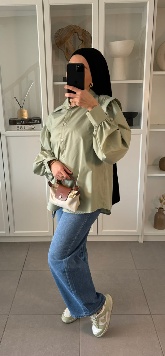 Chemise Élégante VERT à Manches Bouffantes - Coupe Oversize