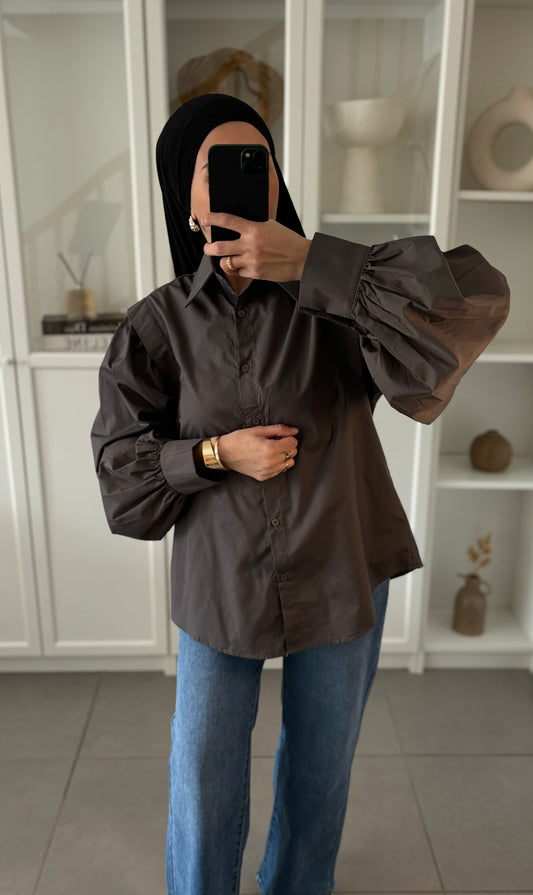 Chemise Élégante GRIS à Manches Bouffantes - Coupe Oversize