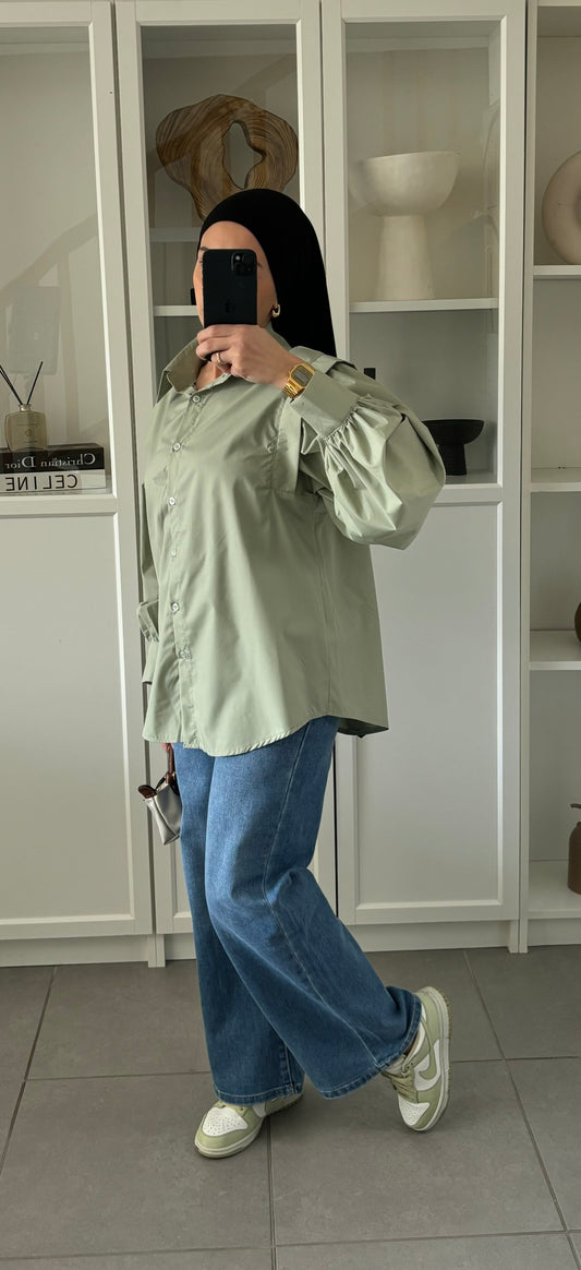 Chemise Élégante VERT à Manches Bouffantes - Coupe Oversize